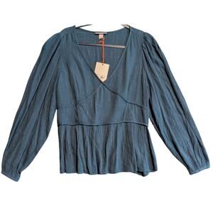 KNOX ROSE NWT Teal Blue Metallic Stripe Peplum Top L/S Smocked Boho Blouse XL